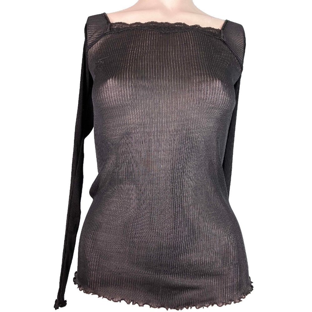 L Mary Green Sheer Ribbed Scoop Neck Boudoir Top Shirt Black